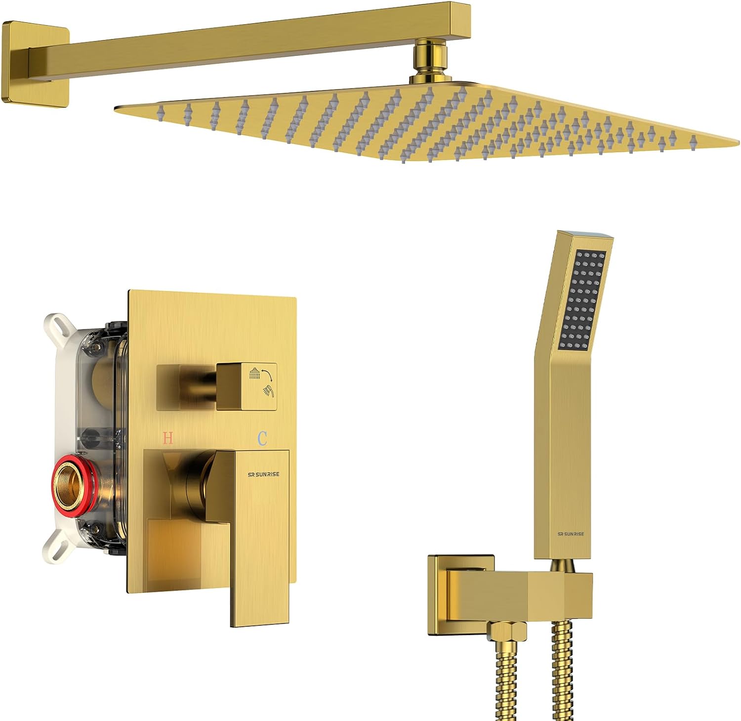 SR SUN RISE 12 Inches Bathroom Luxury Rain Mixer Shower Combo Set Wall Mounted Rainfall Shower Head System Brushed Nickel Finish Shower Faucet Rough-In (12 Inch, Brushed Gold)