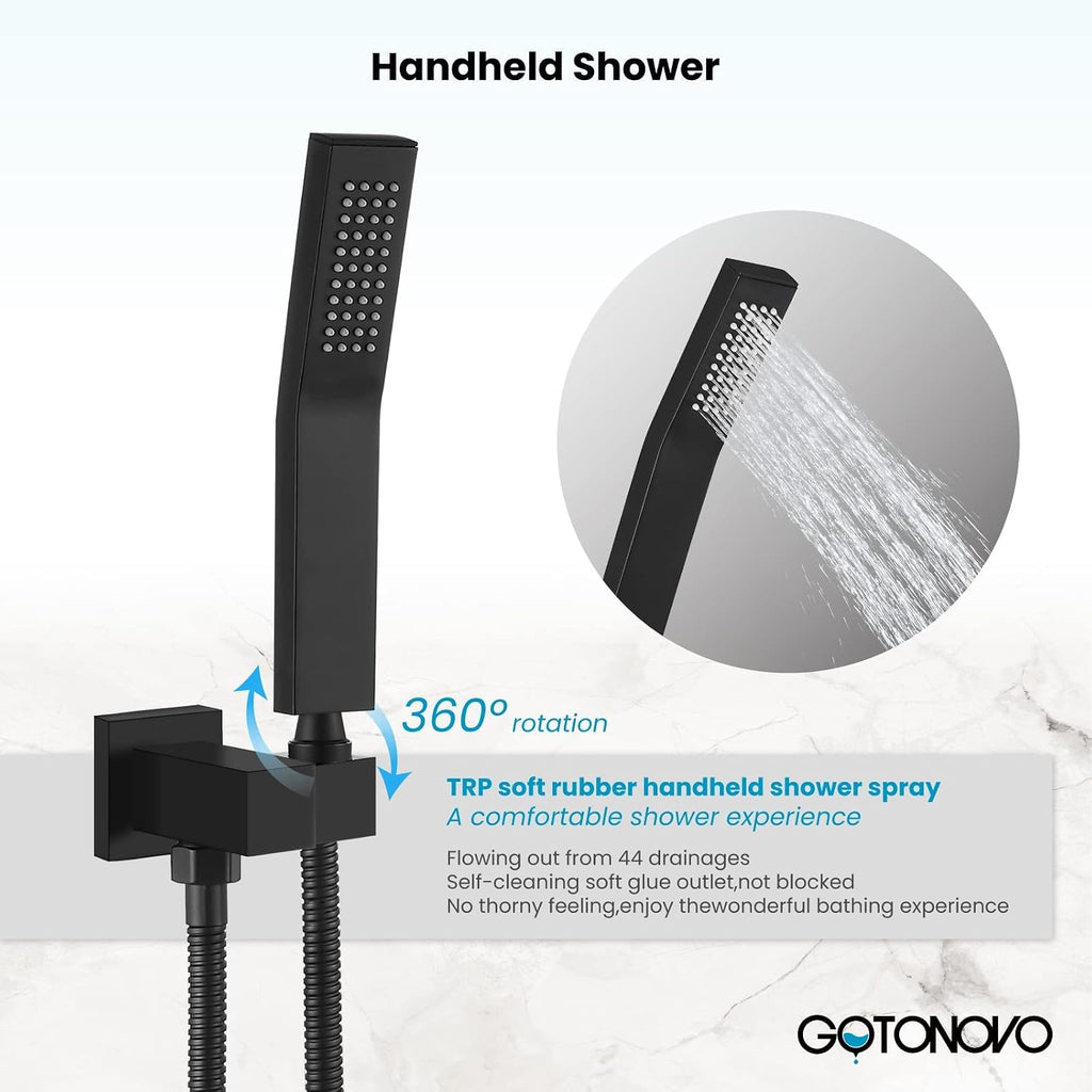 gotonovo Rain Shower Faucet System Set Rainfall Shower Head with Handheld Sprayer Waterfall Tub Spout Wall Mounted Mixer Combo Rough-in Valve and Trim Included 8 Inch Showerhead Matte Black