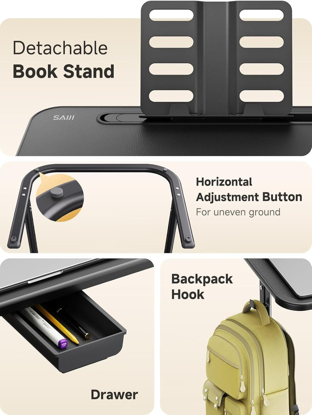 SAIJI XXL Extra Large TV Tray Table，Height & Tilt Adjustable Heavy Duty TV Trays for Eating, Working, Writing,Drawing, Recliner Table Couch Desk with LED Light, Cup Holder, Bookstand