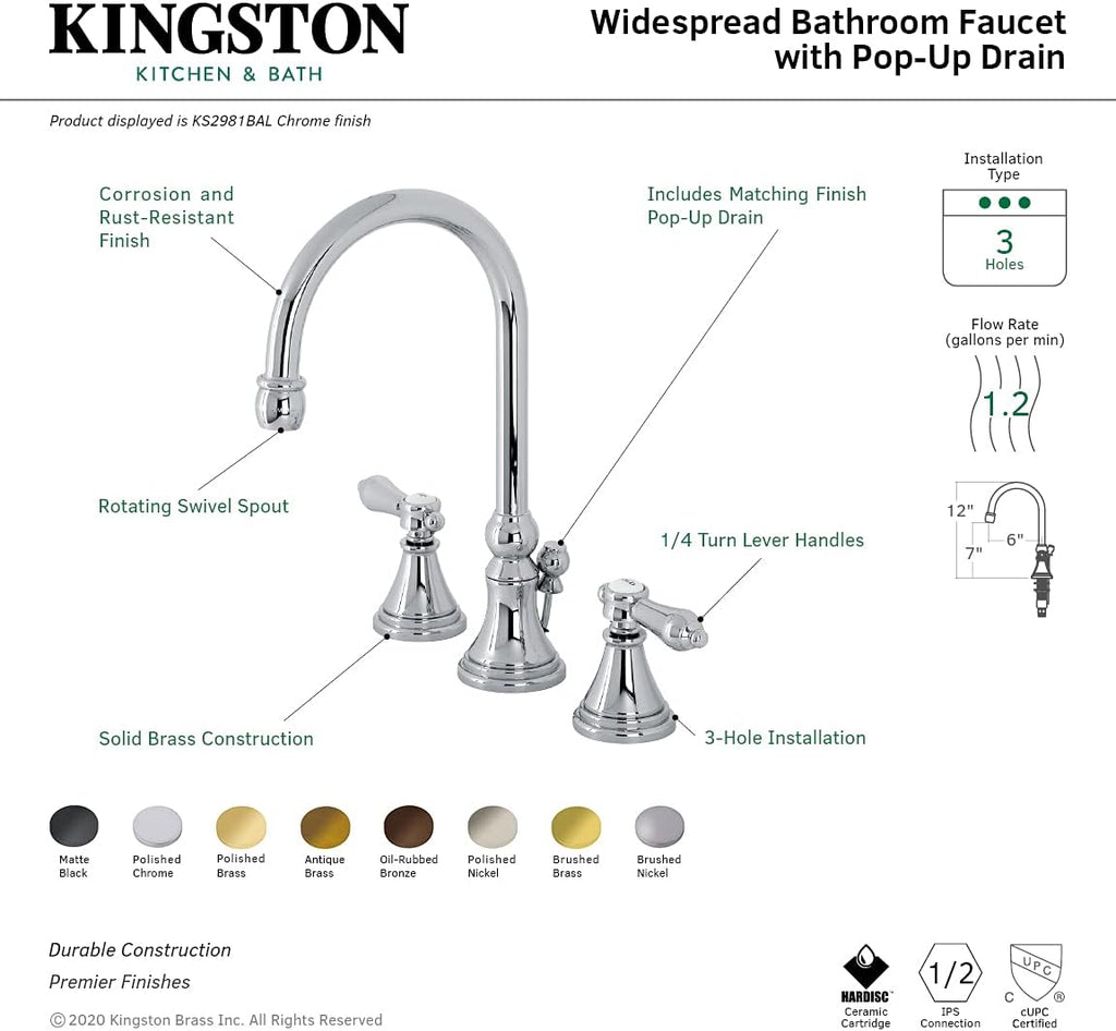 Kingston Brass KS2980BAL Heirloom Widespread Bathroom Faucet, Matte Black, 13.63 x 6.31 x 11.5