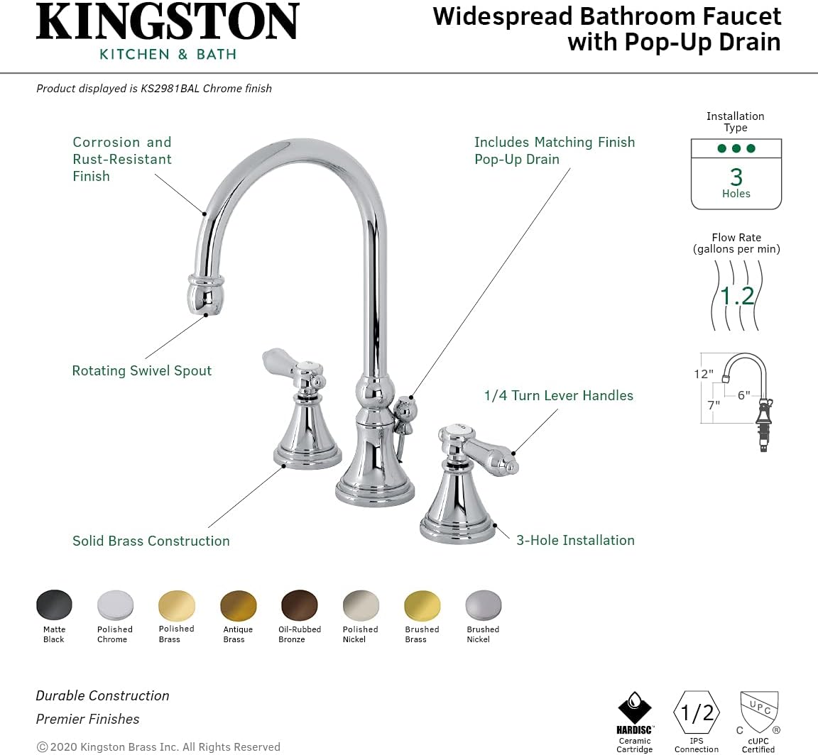 Kingston Brass KS2980BAL Heirloom Widespread Bathroom Faucet, Matte Black, 13.63 x 6.31 x 11.5