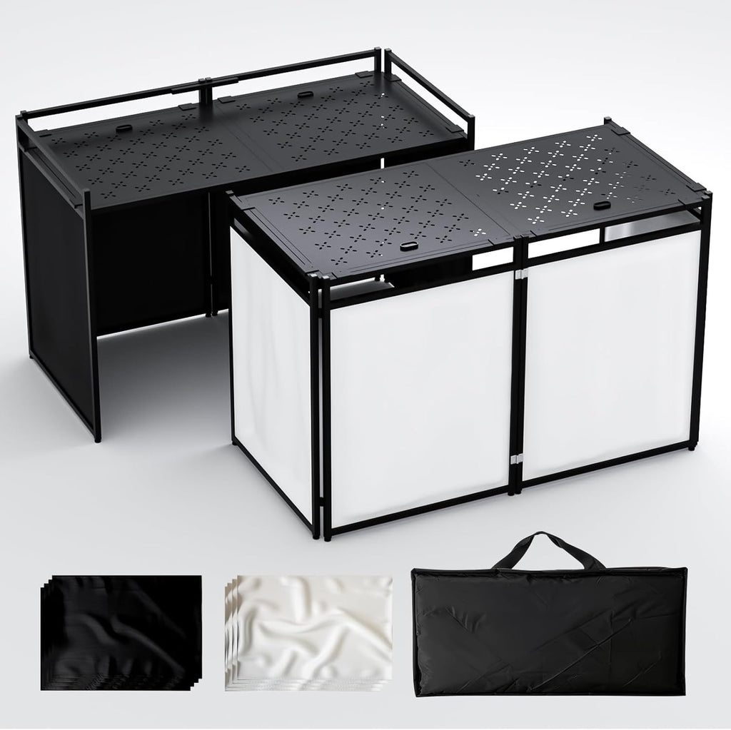 Portable DJ Booth Table,56''x28' Foldable DJ Table Stand Portable with White & Black Scrim,Adjustable D J Facade Tabl e Station Metal Frame D J Tabl e with Cable Hole for Private Events, Clubs, Bars