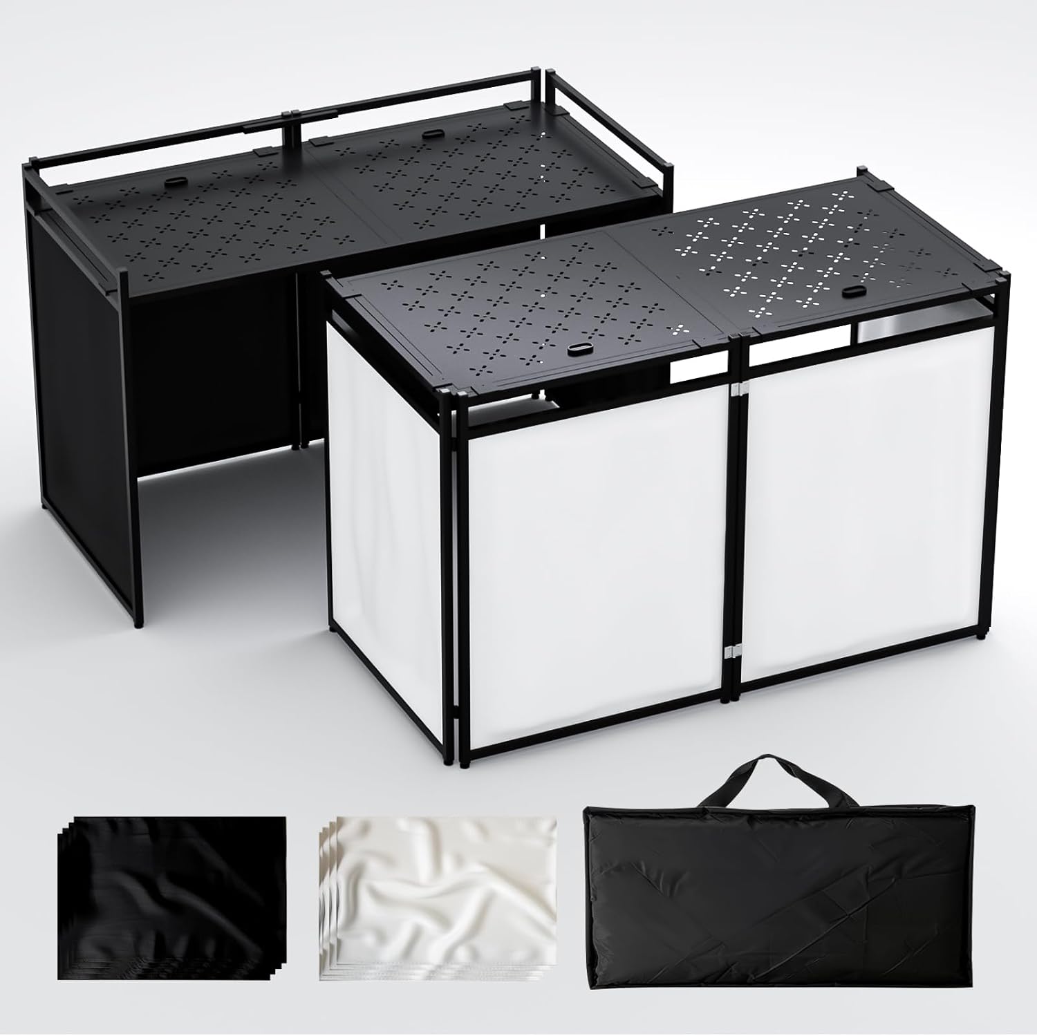 Portable DJ Booth Table,56''x28' Foldable DJ Table Stand Portable with White & Black Scrim,Adjustable D J Facade Tabl e Station Metal Frame D J Tabl e with Cable Hole for Private Events, Clubs, Bars