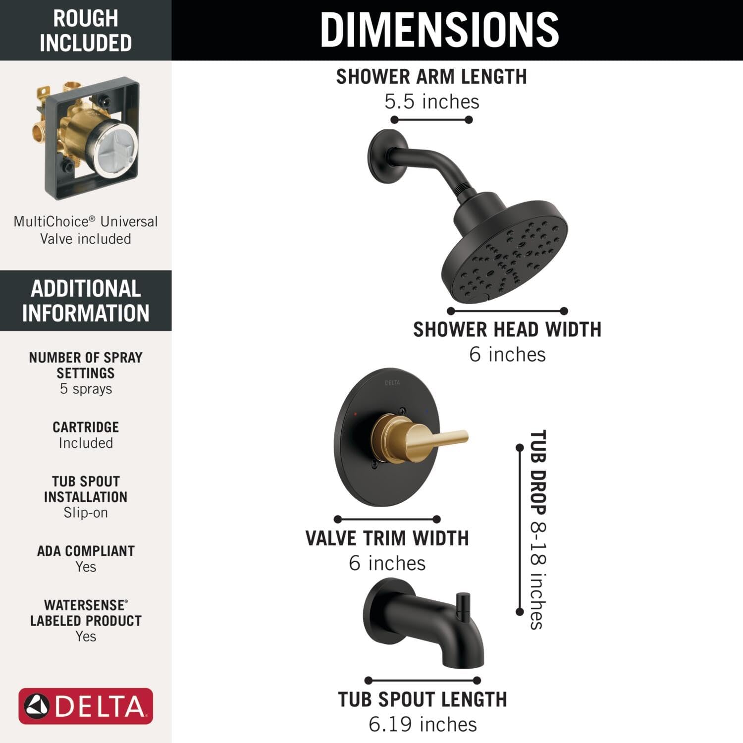 Delta Faucet Nicoli 14 Series Single-Handle Shower Faucet with 5-Setting H2Okinetic Shower Head, Nicoli Widespread Bathroom Sink Faucet 3-Hole, Matte Black/Champagne Bronze (Shower Valve Included)