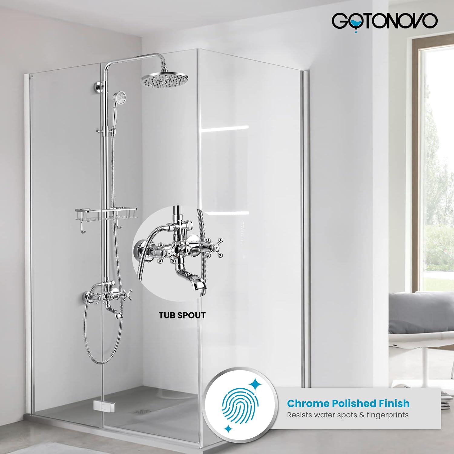gotonovo Exposed Shower Faucet Set with Shower Shelf 8 inch Rainfall Shower Head with Handheld Sprayer Double Cross Handles Shower System Dual Functions Wall Mounted Polished Chrome