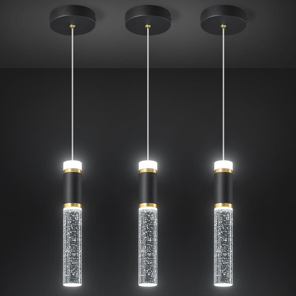 Pendant Ceiling Light Fixture for Kitchen Island, Black Gold Pendant Light Integrated Dimmable LED Hanging Light with Bubble Crystal Pendant Light Modern Pendant Lights Kitchen Island (3-Pack)