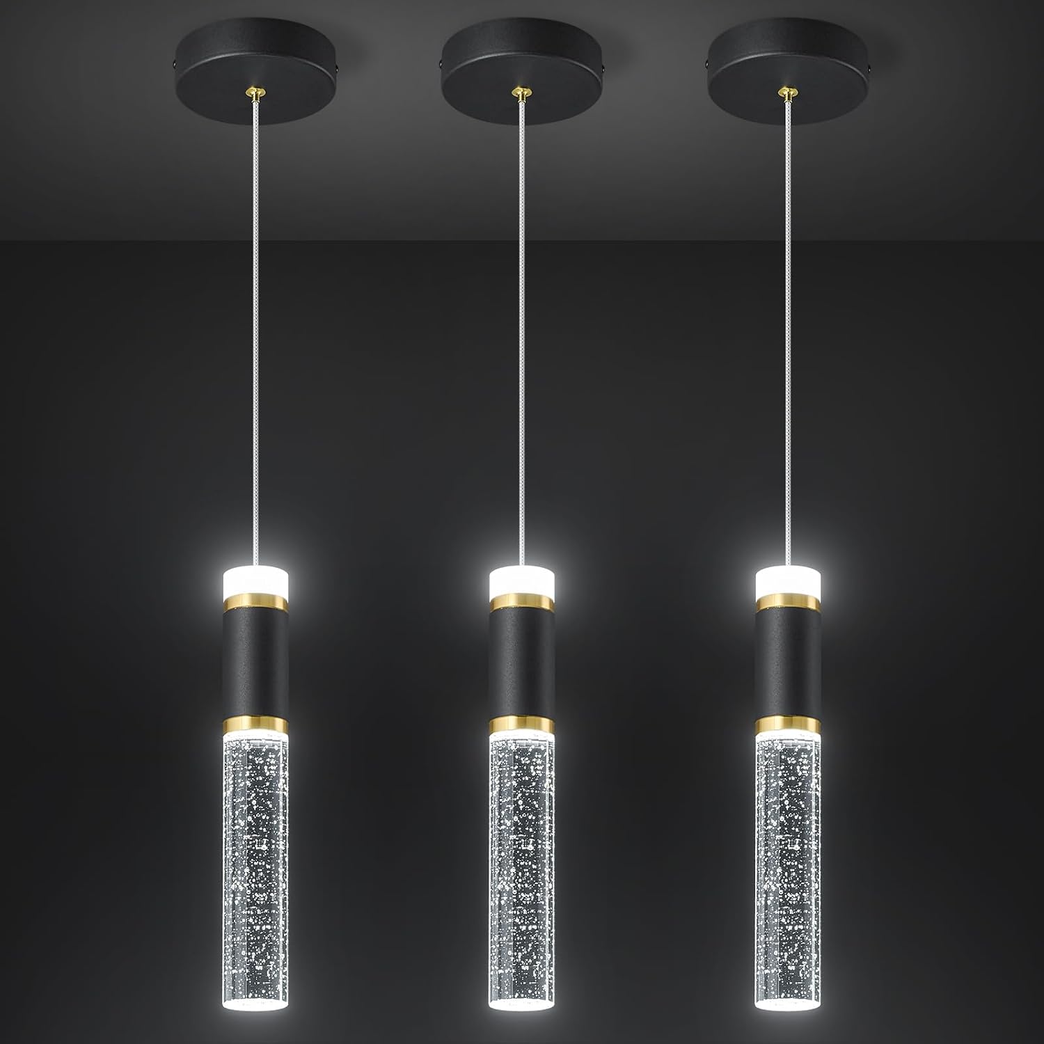 Pendant Ceiling Light Fixture for Kitchen Island, Black Gold Pendant Light Integrated Dimmable LED Hanging Light with Bubble Crystal Pendant Light Modern Pendant Lights Kitchen Island (3-Pack)