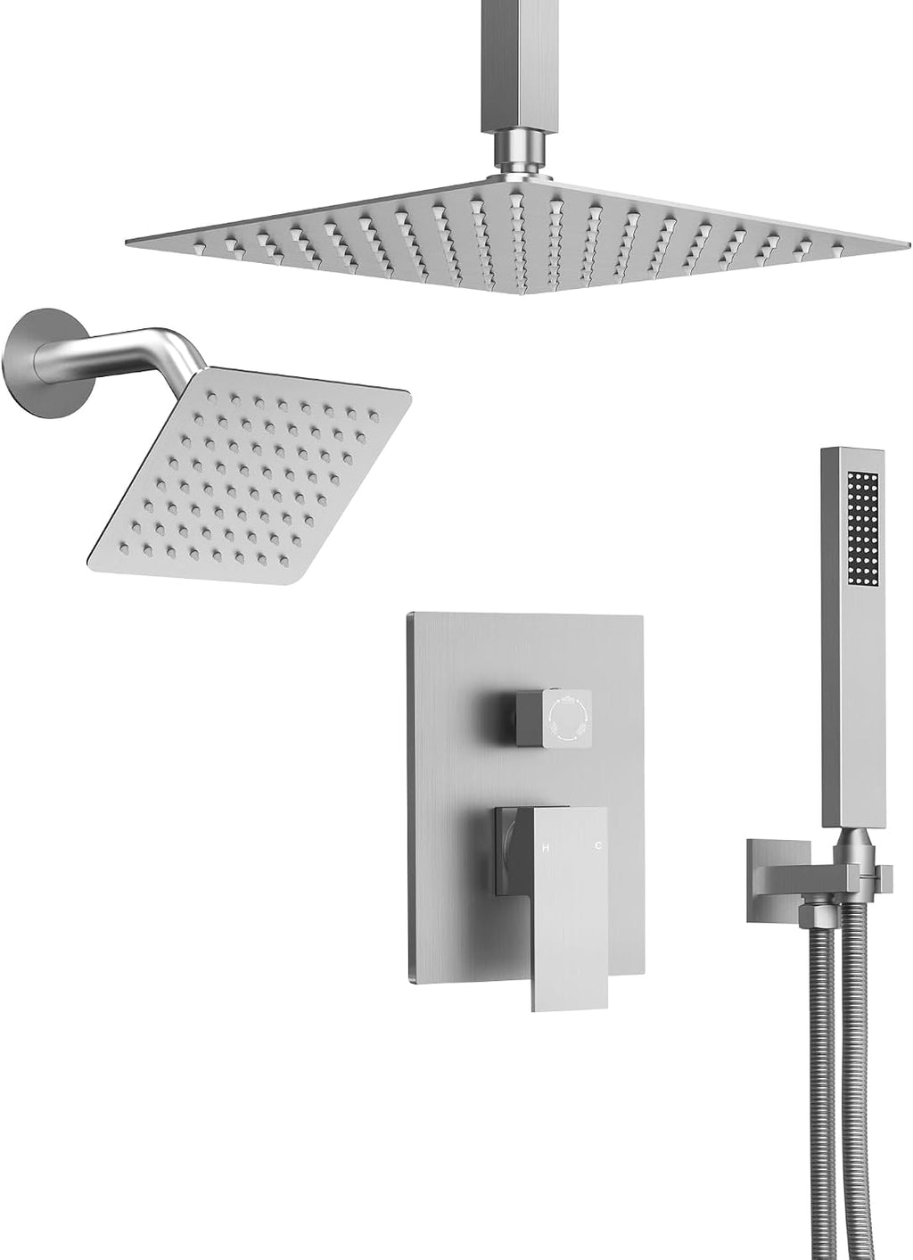 10' High-Pressure Rainfall Shower Faucet, Celling Mount Dual Shower Head System, Brushed Nickel