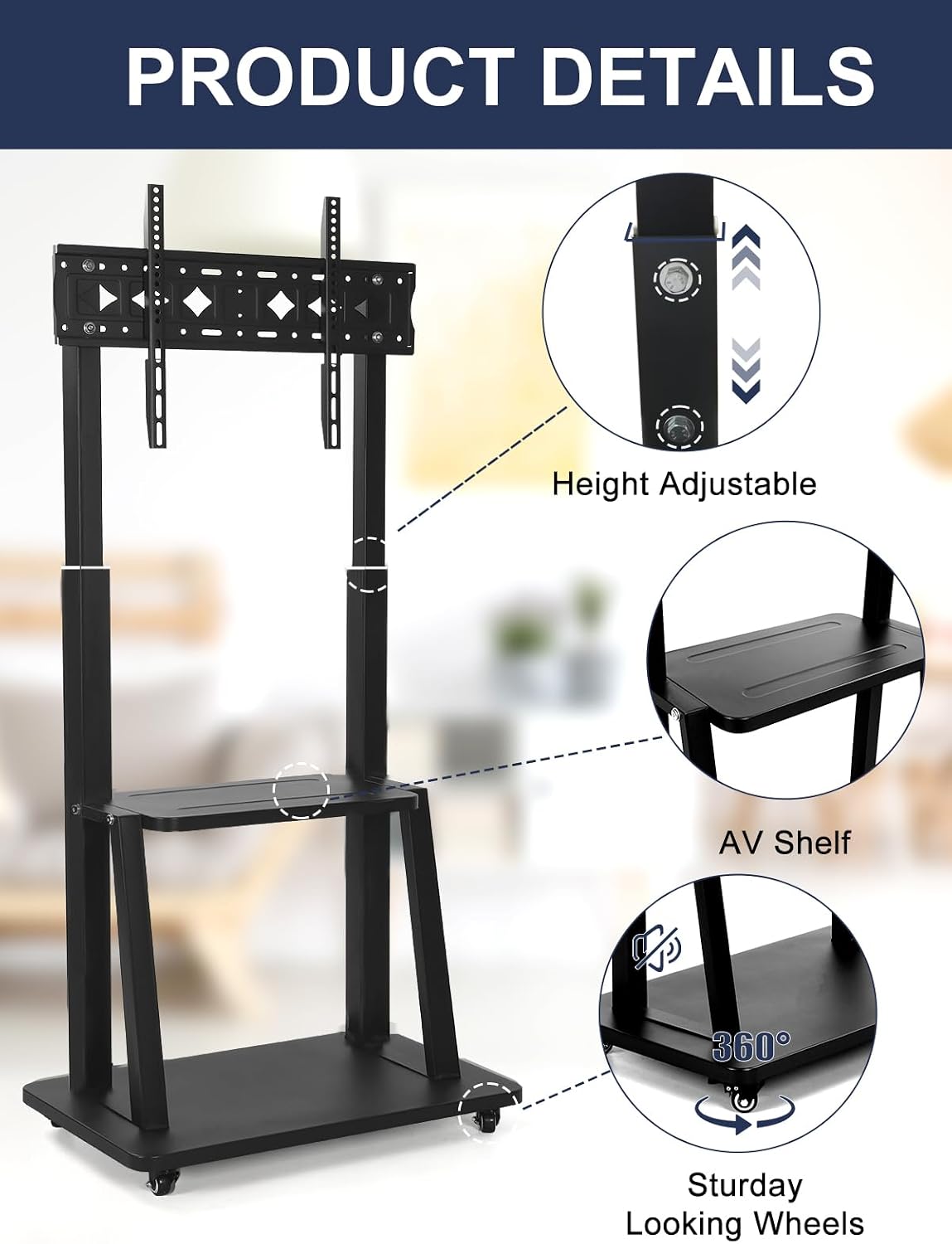 Mobile TV Stand on Wheels for 42-86 Inch Flat/Curved LED/LCD/OLED Rolling TV Cart Height Adjustable Heavy Duty Floor Portable TV Stand with Wheels with Laptop DVD Shelf Holds up to 220lbs
