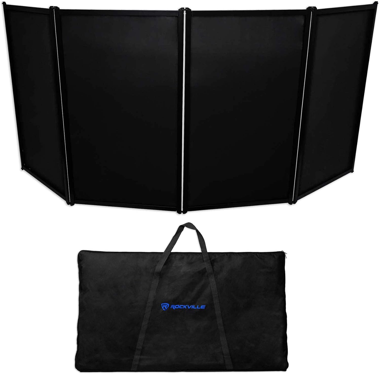 Rockville RFAAB Bundle: 110 in x 47.2 in DJ Event Facade Lightweight Frame Booth with Bag & Scrims, RLS2400 Lightweight Folding DJ Laptop Stand with Extra Shelf & Travel Bag, 2-Items