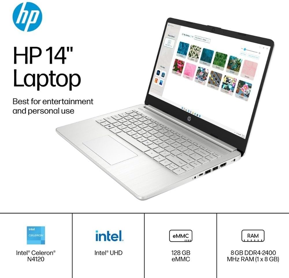 HP 14 Ultralight Laptop for Student and Business, Intel Core N4120 (4-Core), 8GB RAM, 128GB Storage, 1 Year Office 365, Win 11 S, HDMI, WiFi, USB-A&C, MASDROW Accessories