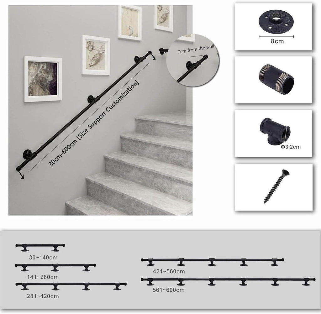 Outdoors Handrail Stairs Wrought Iron Stairs Banister Handrail Indoors Metal Hand Railing Bathroom Corridor Grab Bar Railing - Complete Kit/Black (Size : 11.5 FT)