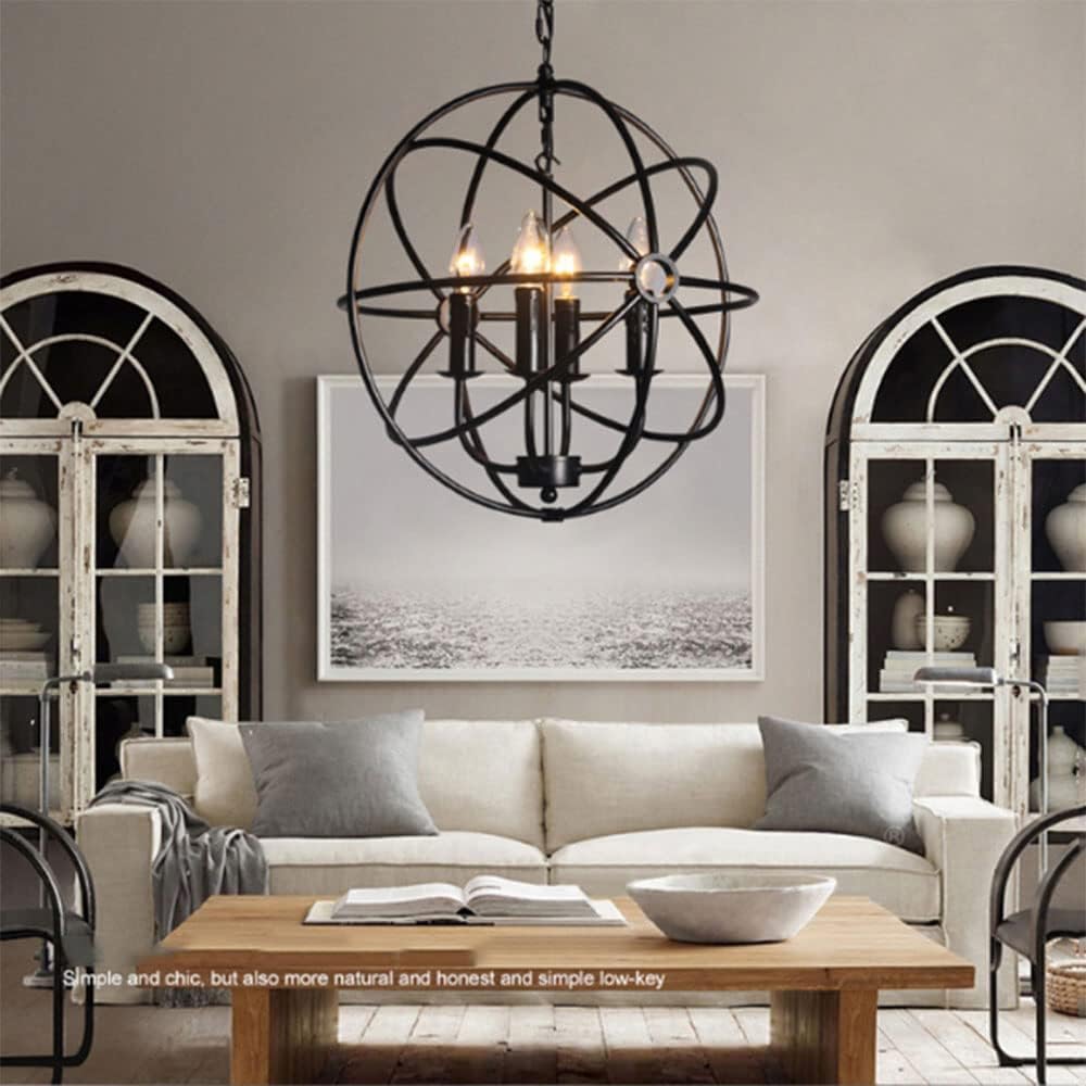 Chandelier, Black Sphere Chandelier Bar Kitchen Dining Room Round Ball Pendant Light V-intage Industrial Lustre Rustic Wrought Iron E27 Ceiling Hanging Fixtures Lighting Interesting Life