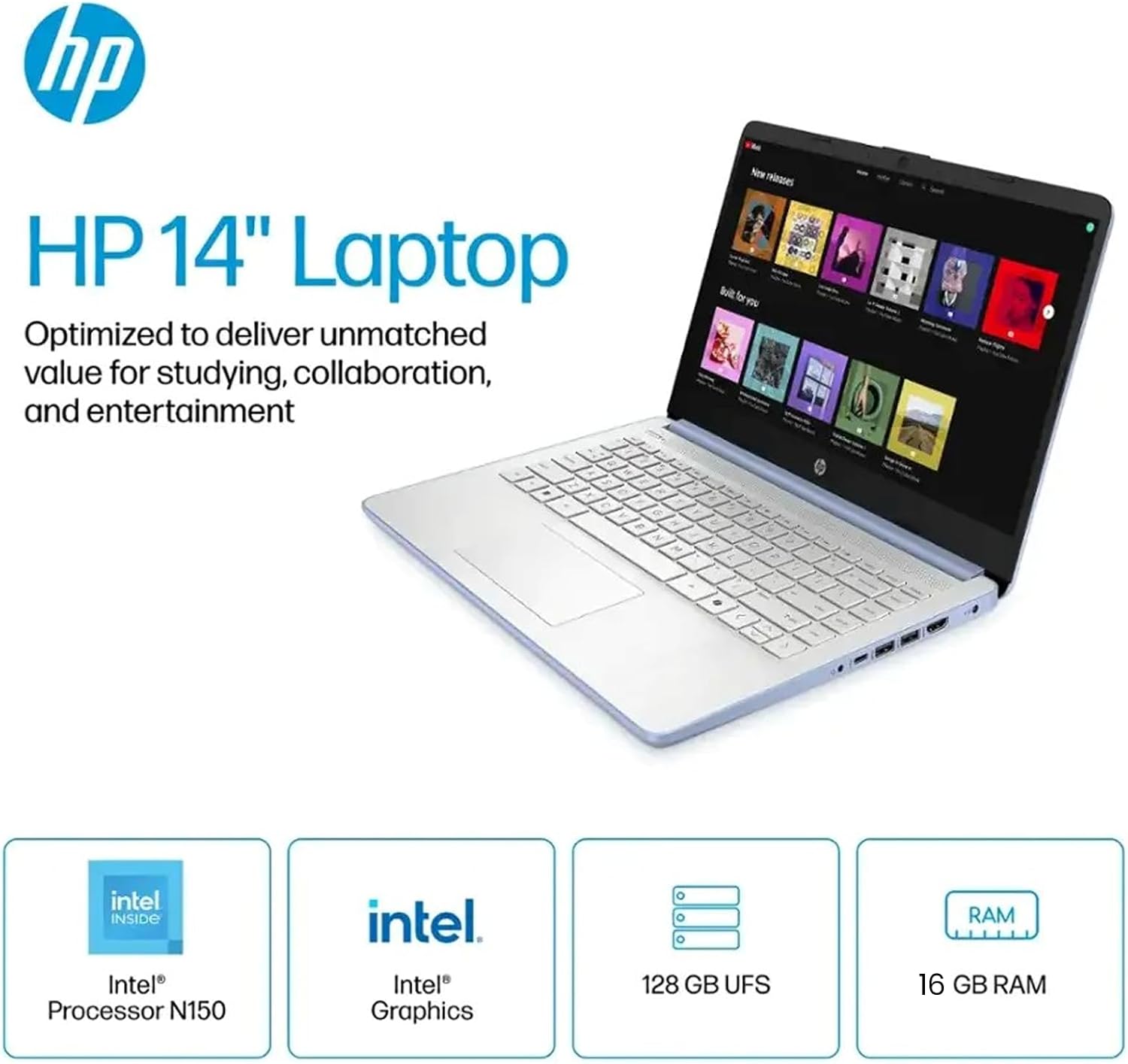 HP 2025 Student Business Laptop Computer - w/1 Year Office 365, 16GB RAM, 128GB UFS & 256GB SD Card, Ai Copilot Intel 4-Core Processor, HD Display, Windows 11 Pro(Blue)