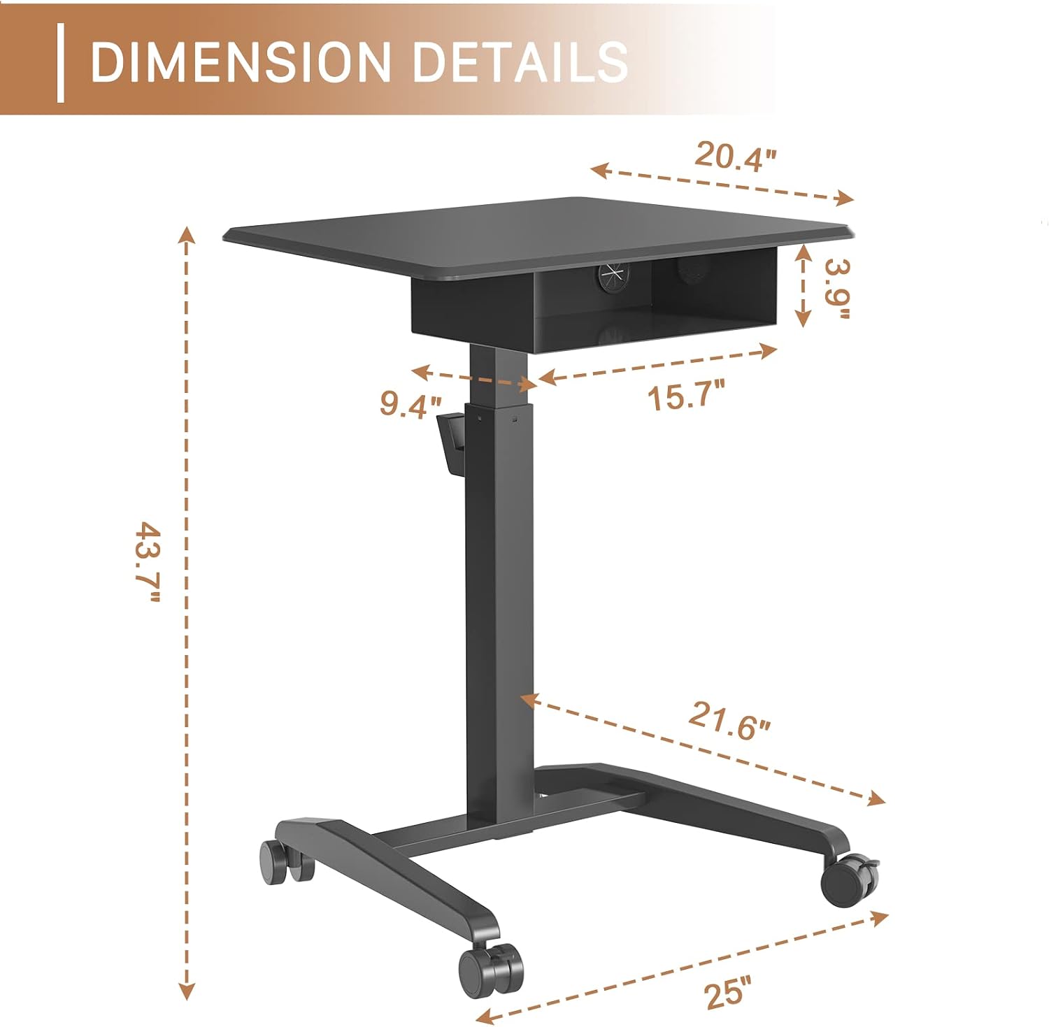 JOY worker Height Adjustable Rolling Laptop Desk with Shelf,Mobile Standing Desk,Pneumatic Mobile Laptop Table with Wheels for Couch Home Office School,Holds Up to 22lbs,Black