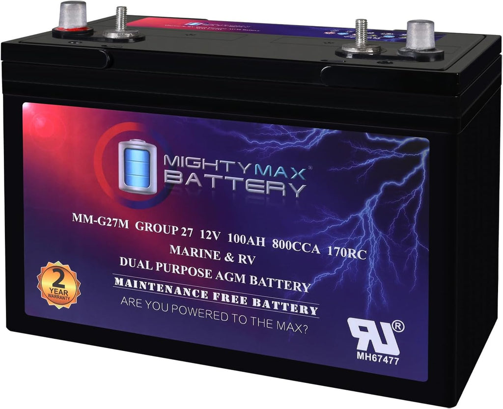 Mighty Max Battery MM-G27M, 12V 100Ah, Group Size 27M Deep-Cycle Marine AGM, Dual-Purpose Starting & Deep Discharge, 800 CCA, 850 MCA, 170 RC, Spill-Proof Maintenance-Free Battery