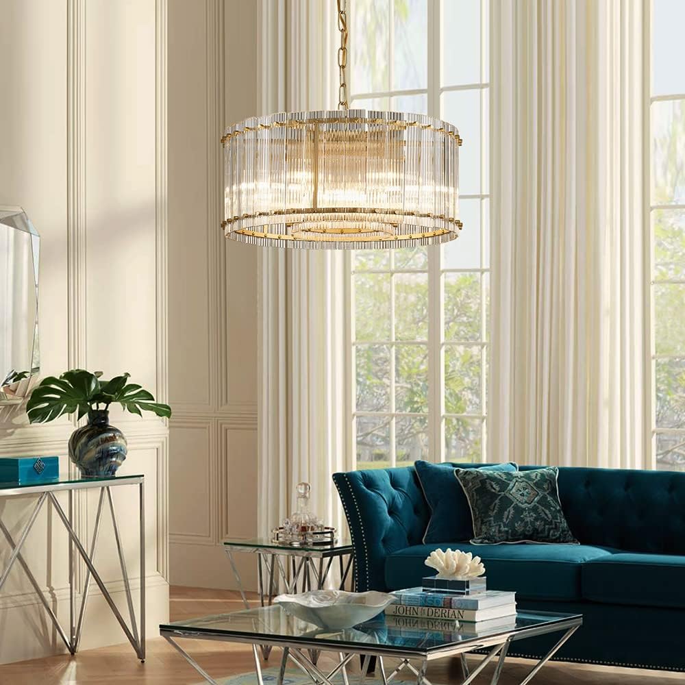 Saint Mossi Moder Glass Chandelier Light Fixture, Doule Layer Drum Pendant Modern Chandelier Lighting with 7-Light, Gold Finish