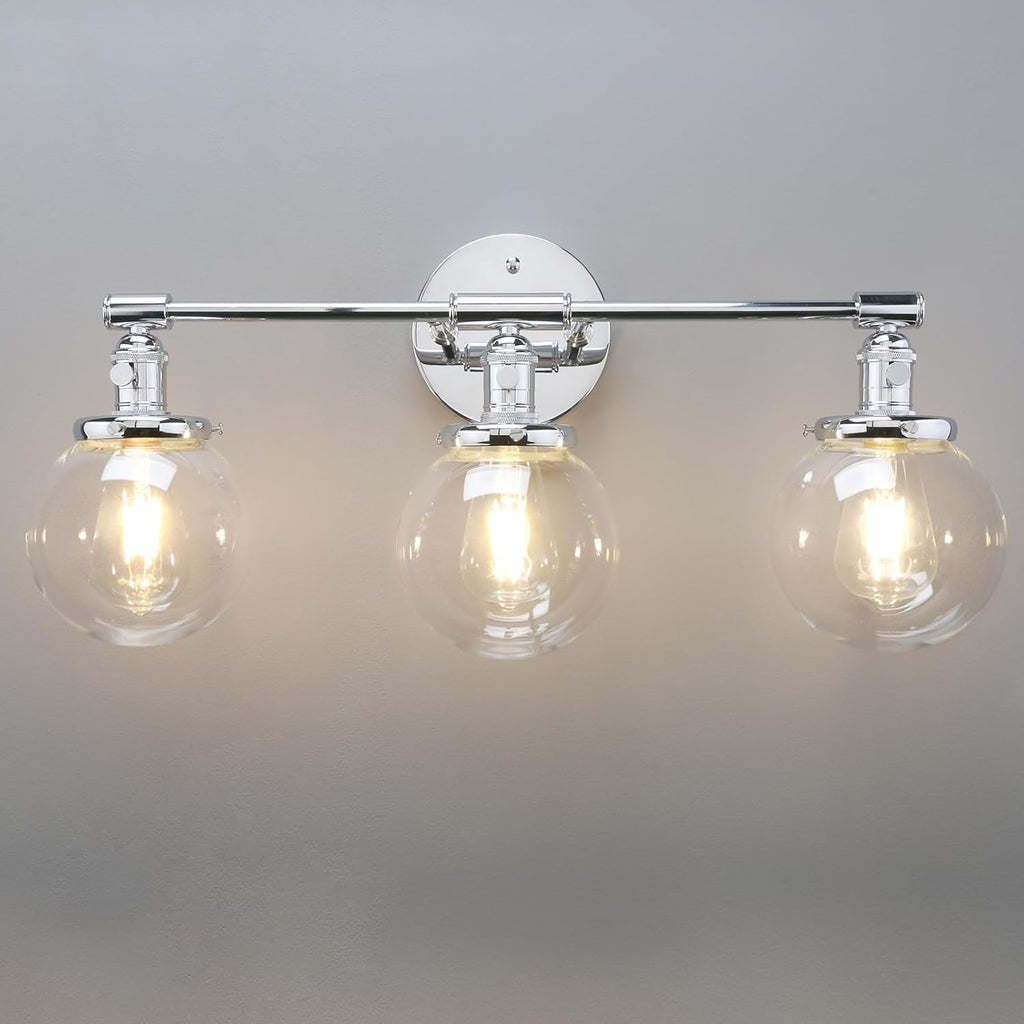 Phansthy 3-Light Wall Sconces Antique Brass Vanity Light, Industrial Wall Lamps with On Off Switch and Clear Glass Lampshade, Vintage Wall Lighting for Bathroom Living Room (Chrome, Globe Shade)