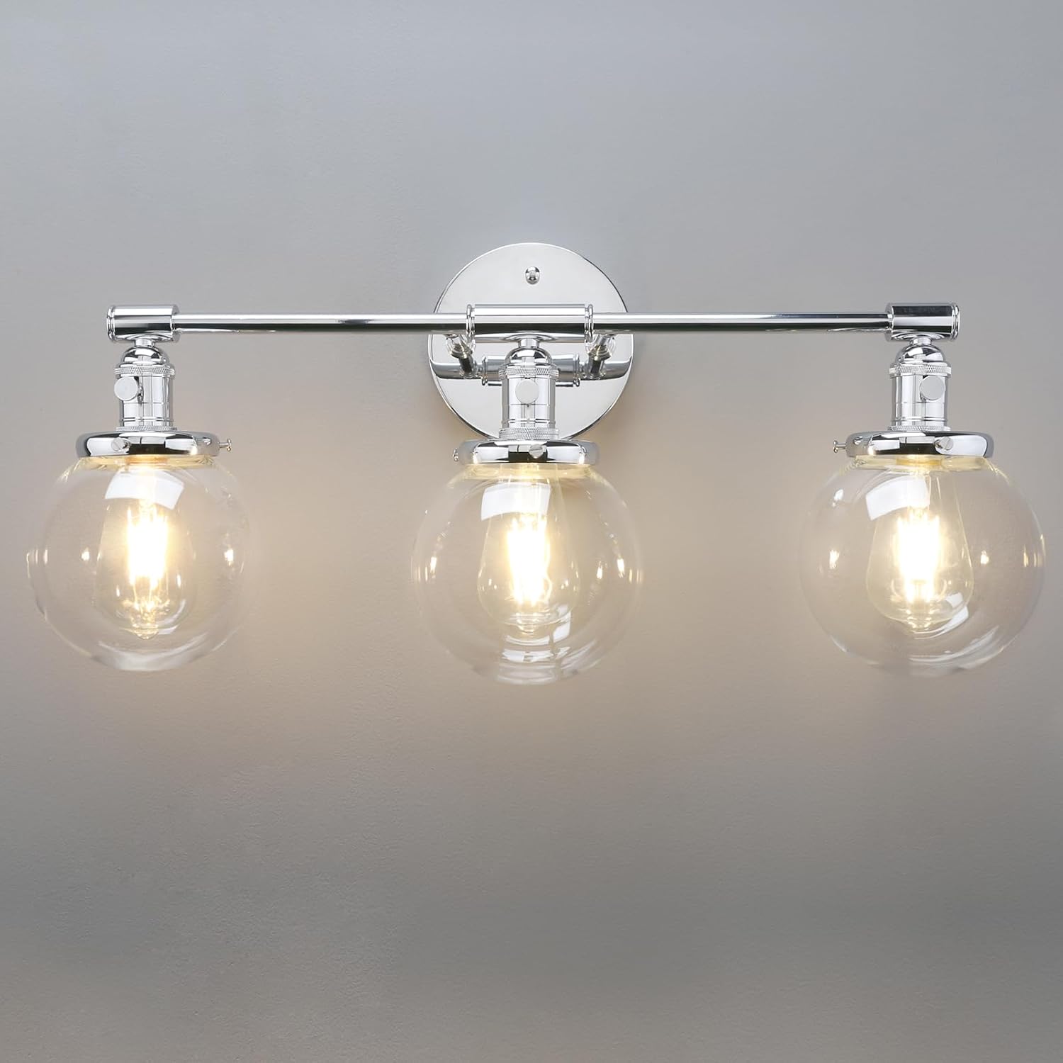 Phansthy 3-Light Wall Sconces Antique Brass Vanity Light, Industrial Wall Lamps with On Off Switch and Clear Glass Lampshade, Vintage Wall Lighting for Bathroom Living Room (Chrome, Globe Shade)