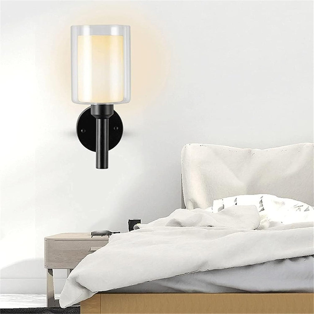Indoor Single-Head Wall Light Simple Wrought Iron Lamp Body + Cylindrical Glass Lampshade Sconces E27 Lighting Fixture 2-Layer Lampshade Bedroom Bedside Sconce Lights(Black)