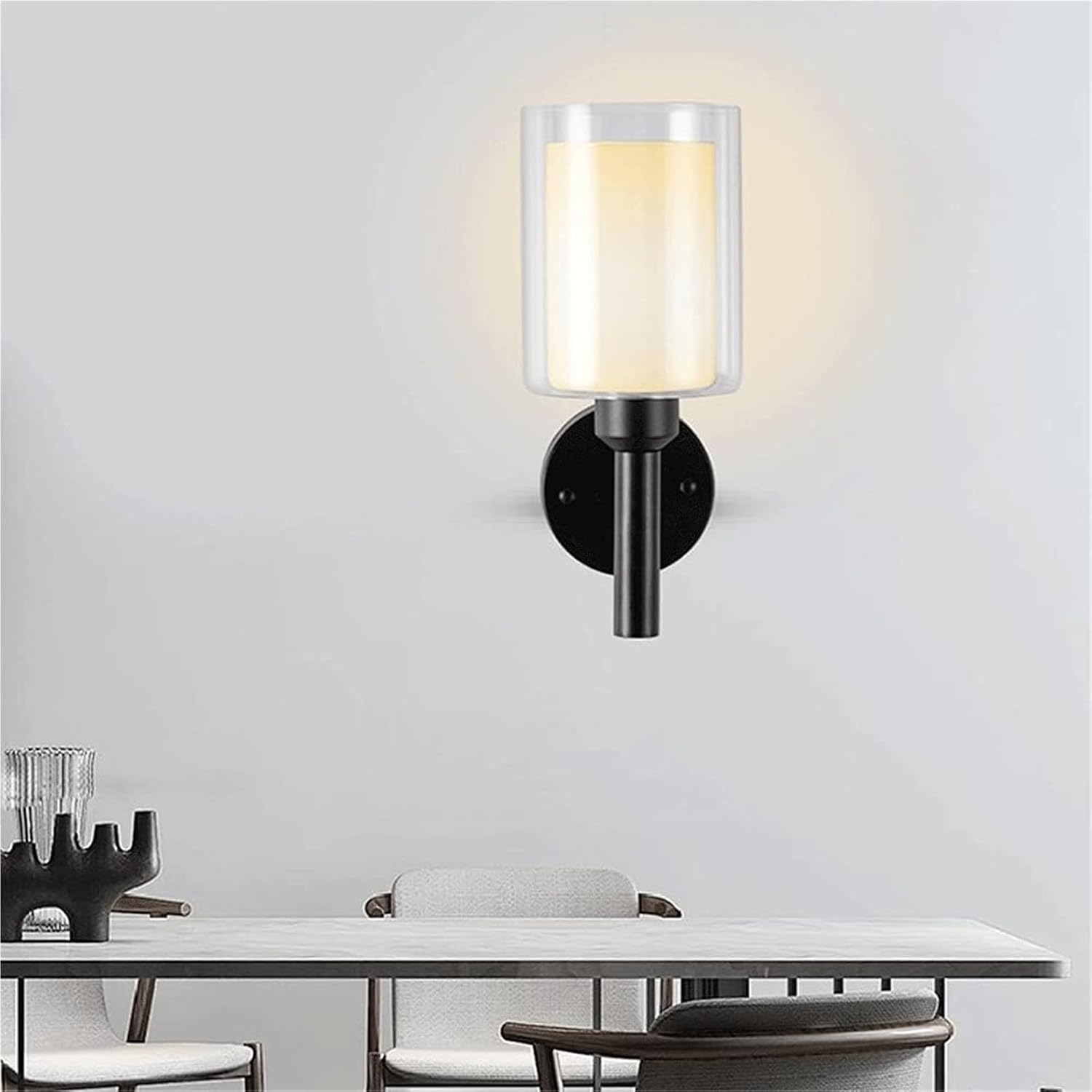 Indoor Single-Head Wall Light Simple Wrought Iron Lamp Body + Cylindrical Glass Lampshade Sconces E27 Lighting Fixture 2-Layer Lampshade Bedroom Bedside Sconce Lights(Chrome)