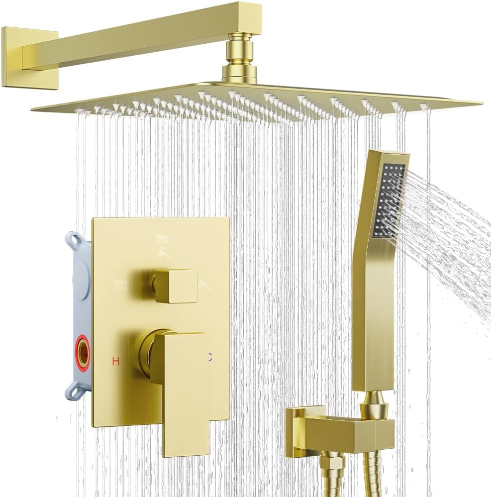 Shower System Shower Faucet Set, STARBATH 10' Wall Mount Rain Shower Head and Handheld Spray for Two Person, Rainfall Shower System with Diverter Valve and Trim Kit Complete,Brushed Gold