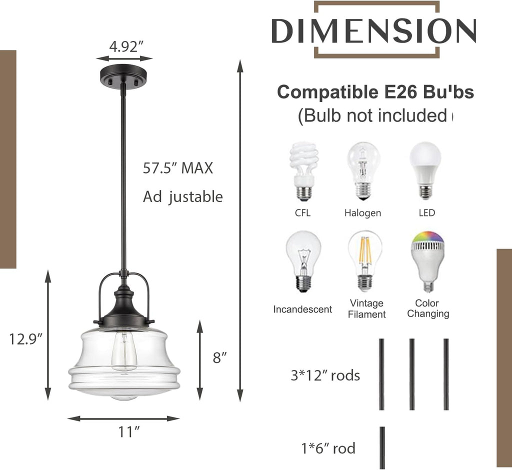 DEYNITE Industrial Farmhouse Pendant Light Clear Glass Schoolhouse Hanging Light Fixture Black, E26 Dimmable Light for Kitchen Bar Dining Bathroom Bedroom