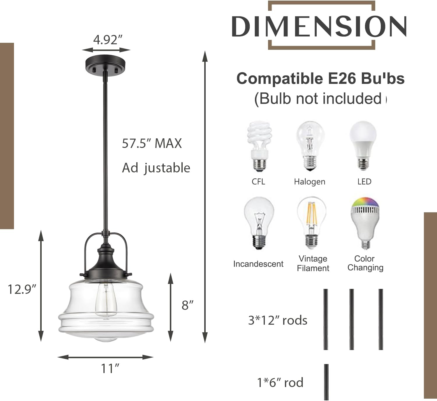 DEYNITE Industrial Farmhouse Pendant Light Clear Glass Schoolhouse Hanging Light Fixture Black, E26 Dimmable Light for Kitchen Bar Dining Bathroom Bedroom