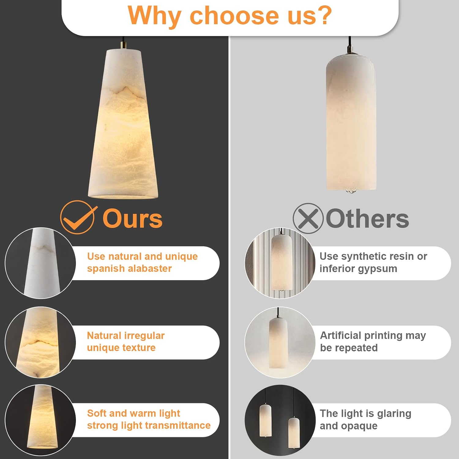 Alabaster Pendant Lights Kitchen Island 2 Pack, H-10in White Pendant Light Fixtures, Marble Conical Shade Copper, Light Pendant for Bedroom Bathroom Dining Room Living Room (Dimmable Bulbs INCL)