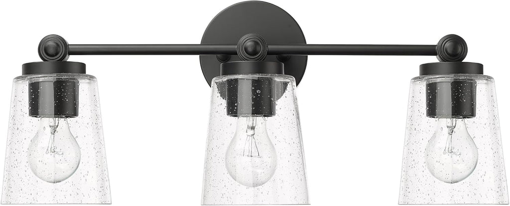 ML Lighting | Lauryn Collection | 22003-MB | 3 Light Vanity in Matte Black Finish with Clear Seeded Glass Shade | Versatile Design That adds High-End Texture and Elegance to Your Bathroom