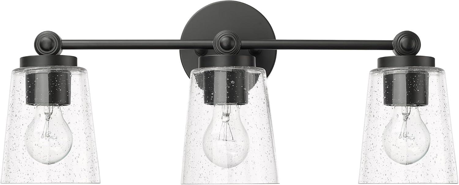 ML Lighting | Lauryn Collection | 22003-MB | 3 Light Vanity in Matte Black Finish with Clear Seeded Glass Shade | Versatile Design That adds High-End Texture and Elegance to Your Bathroom
