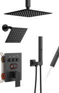 Push Button Diverter Shower Faucet Set Hydro Power Temperature Display, Shower System Ceiling Mounted 10' & Wall Mounted 6' Shower Head with 3-Spary Handheld, Matte Black