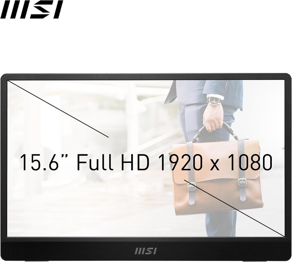 MSI PRO MP161 E2 Portable Monitor 15.6 Inches Full HD – IPS Panel 1920 x 1080, 60Hz, Practical (PC, Laptop, Mobile), Enhanced Speakers, Frame & Stand – Mini-HDMI 2.0b, 2 x USB Type-C