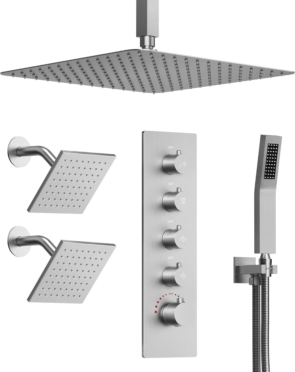 Thermostatic Shower System, 16' Ceiling Mount Rainfall shower Head with Double 6' Shower Head, Brushed Nickel