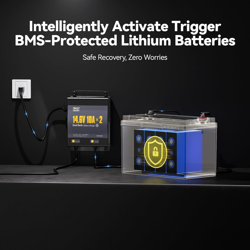 Power Queen 2 Bank Marine Battery Charger 20A (10A/Bank),Dual Smart Battery Charger, 12V LiFePO4 Batteries Charger Waterproof with LED Indicator for RV, Boat,Trolling Motor,Lithium & Lead Acid Battery