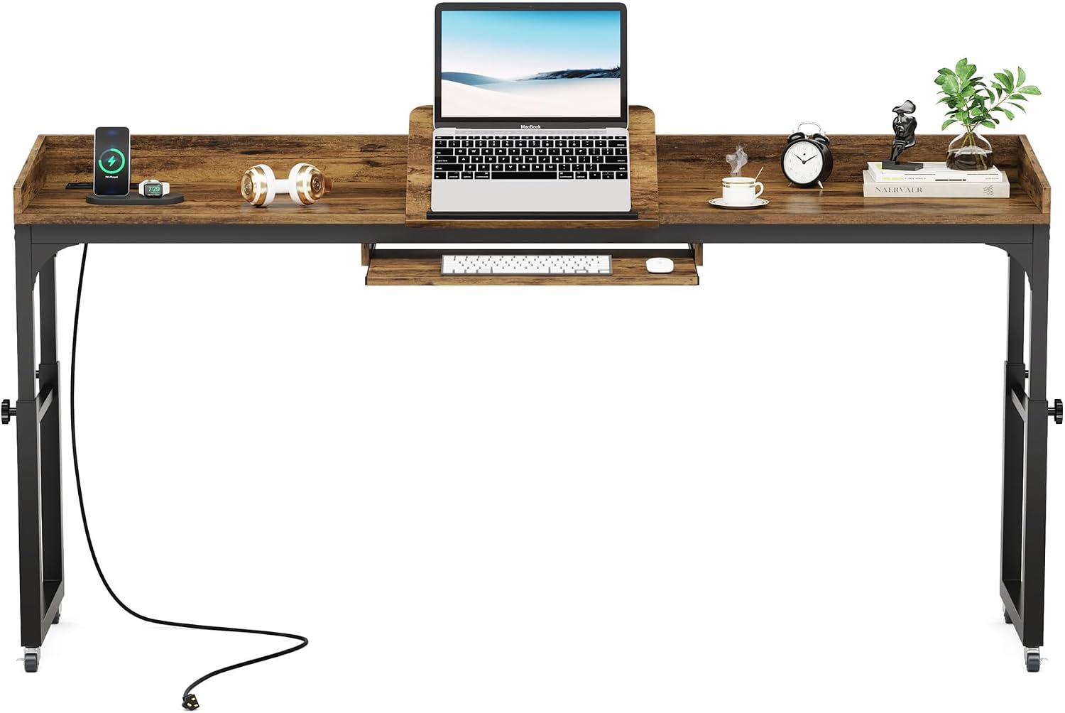 LITTLE TREE Overbed Table with Wheels Adjustable Height, Rolling Table with Outlets & USB Ports for Queen Bed, Giant Adjustable Over the Bed Desk with Tilt Stand, Brown
