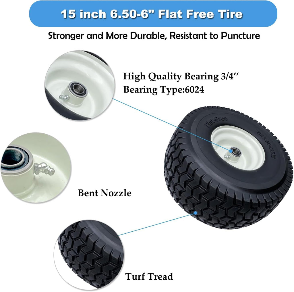 2-Pack 15x6.50-6 Flat-Free Tire with Rim,3'Centered Hub with 3/4' Ball Bearing,w/Grease Fitting，500lbs Capacity,15x6.50x6 No-Flat Solid Rubber Turf Wheel,for Riding Lawn mower,Garden Cart