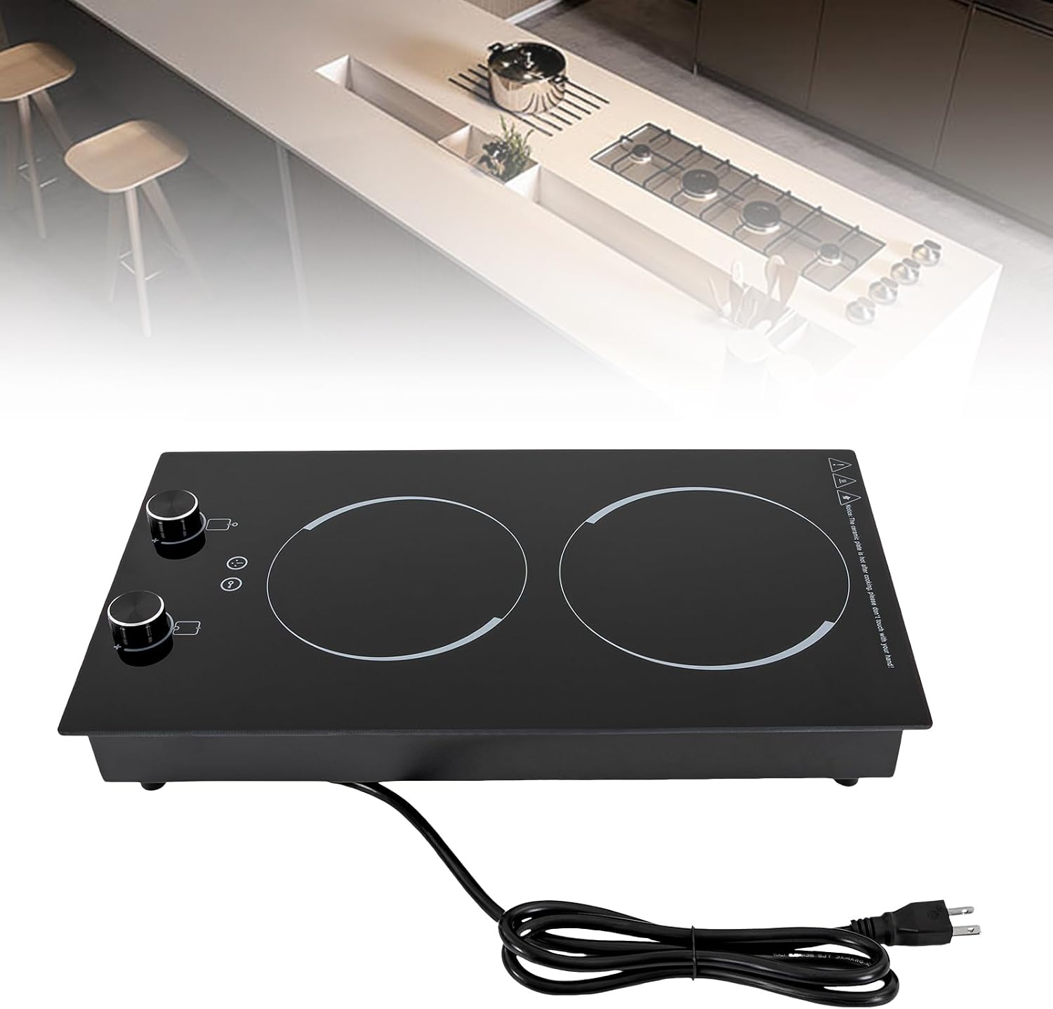 Induction Cooker 2-Head 2100W Touch-Control 9 Power Gears Electric Cooktop Adjustable Temperature & Timer Setting Countertop & Built-In Ceramic Cooker For Kitchens