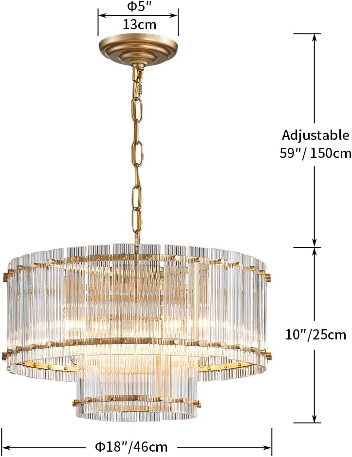 Saint Mossi Drum Glass Chandelier for Dining Room, 7 Light Gold Pendant Chandelier Light Fixture, Doule Layer Design, D18 x H10, Adjustable 59' Chains, Ripple Glass Shade & Gold Finish Metal Frame