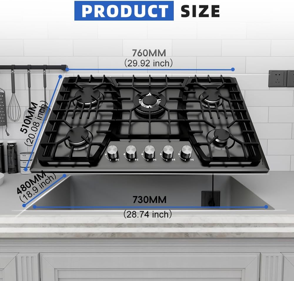 Gas Cooktop 30 Inch, 5 Burner Stove top, Built-in Propane/Natural Gas Convertible Hob, Stainless Steel Countertop Built-in with Thermocouple Protection, Black