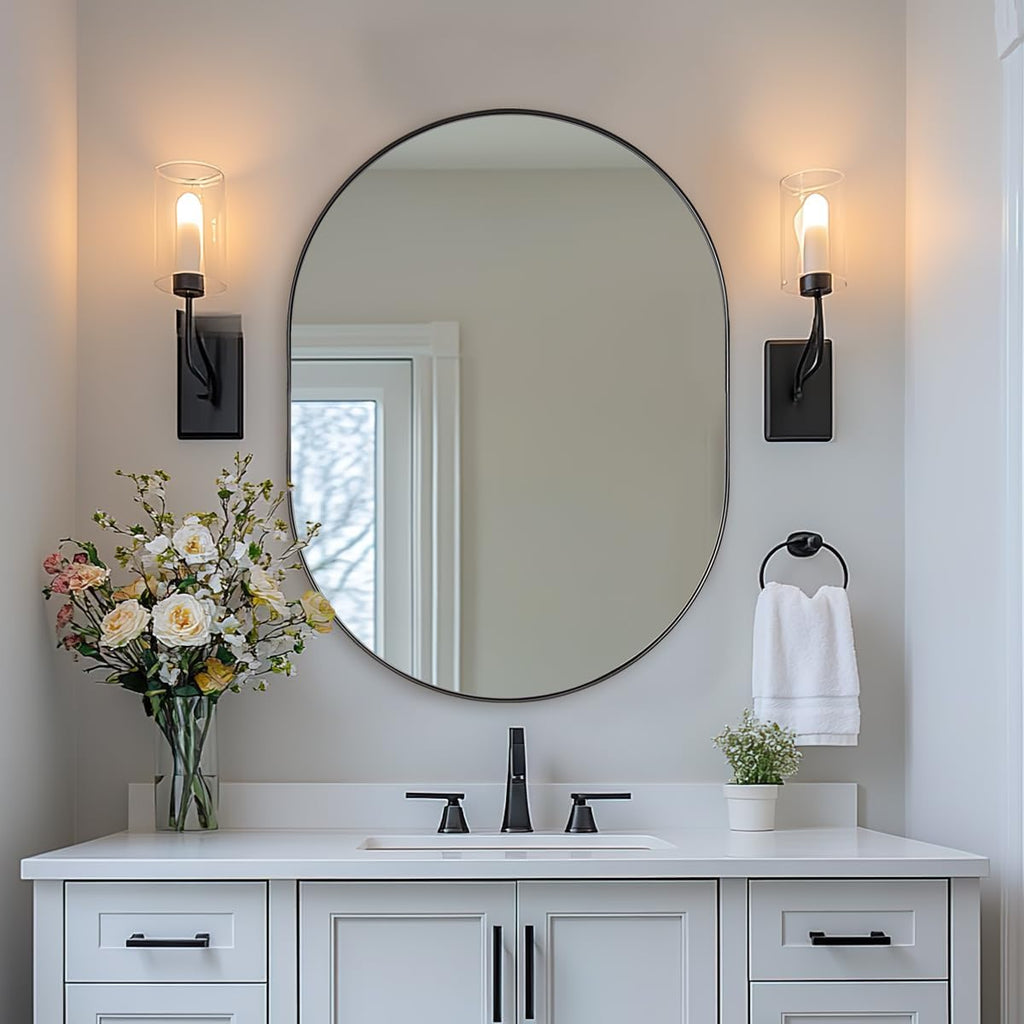 ANDY STAR 24x32'' Oval Mirror, Black Oval Mirror Pill-Shaped Design in Stainless Steel Metal Frame for Bathroom, Entryway, Living Room, Contemporary 1' Deep Wall Mount Vertical or Horizontal