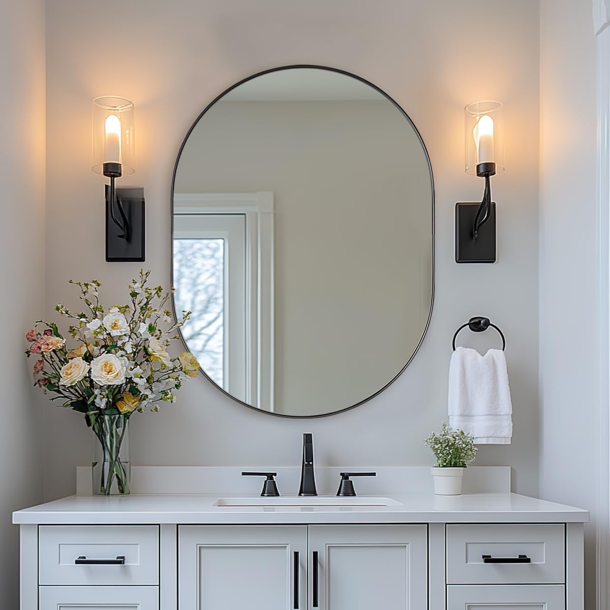 ANDY STAR 24x32'' Oval Mirror, Black Oval Mirror Pill-Shaped Design in Stainless Steel Metal Frame for Bathroom, Entryway, Living Room, Contemporary 1' Deep Wall Mount Vertical or Horizontal