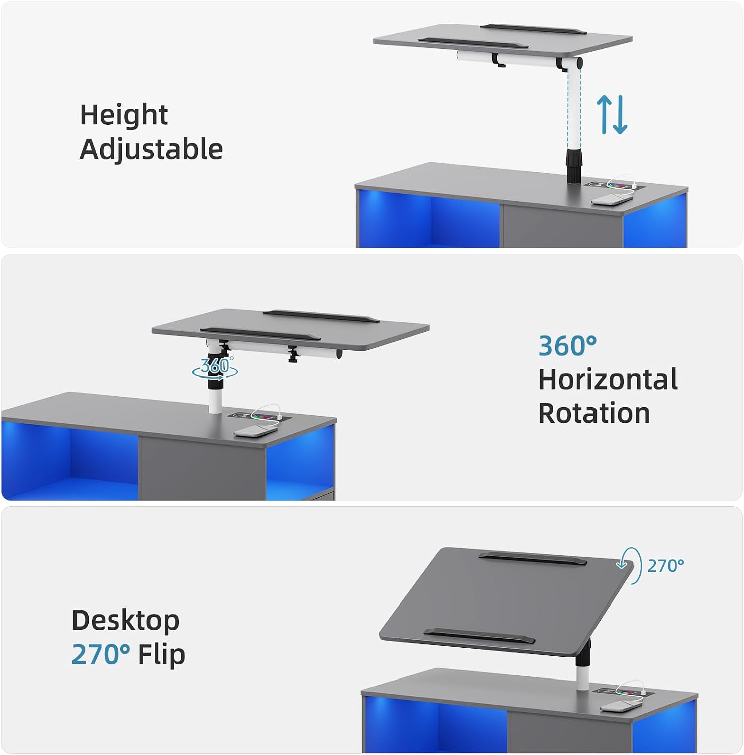 Gurexl Height Adjustable Nightstand with Laptop Tray, LED Bedside Tables with Charging Station, Modern Night Stand Side Table with Human Body Induction (Grey)