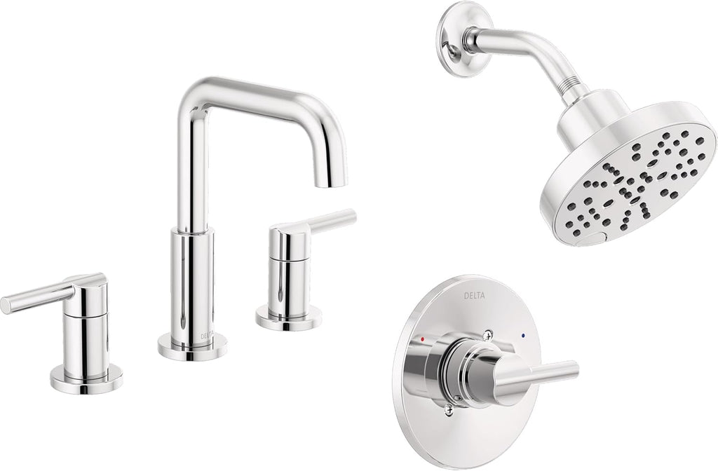 Delta Faucet Nicoli 14 Series Single-Handle Shower Faucet Trim Kit with 5-Spray H2Okinetic Shower Head and Widespread Bathroom Faucet in Chrome (Shower Valve Included)