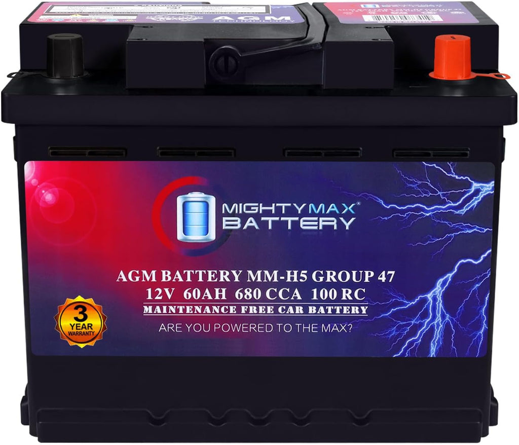 Mighty Max Battery MM-H5 Start and Stop Car BCI Group Size 47 12V 60 AH, 100RC, 680 CCA Rechargeable AGM Car Battery