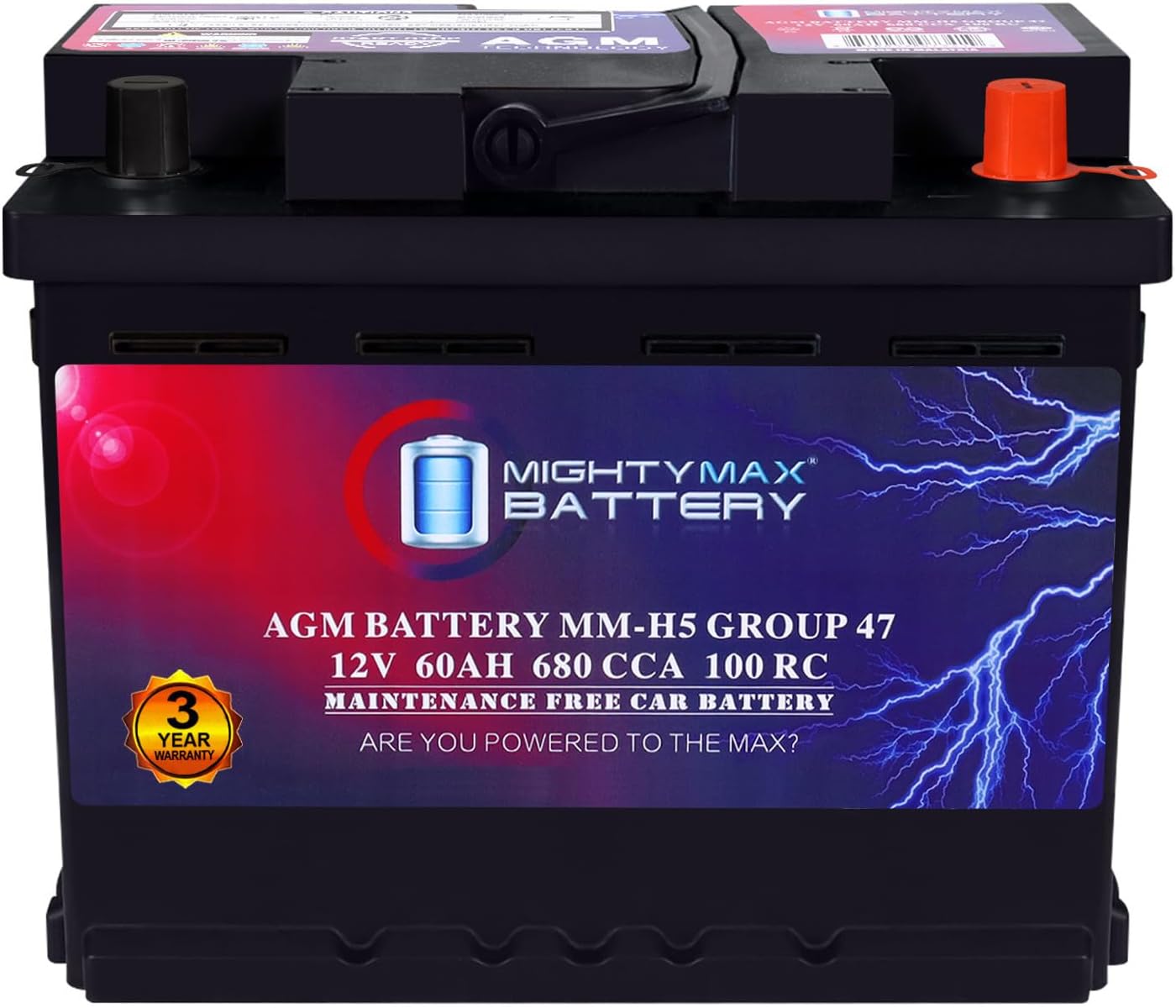 Mighty Max Battery MM-H5 Start and Stop Car BCI Group Size 47 12V 60 AH, 100RC, 680 CCA Rechargeable AGM Car Battery