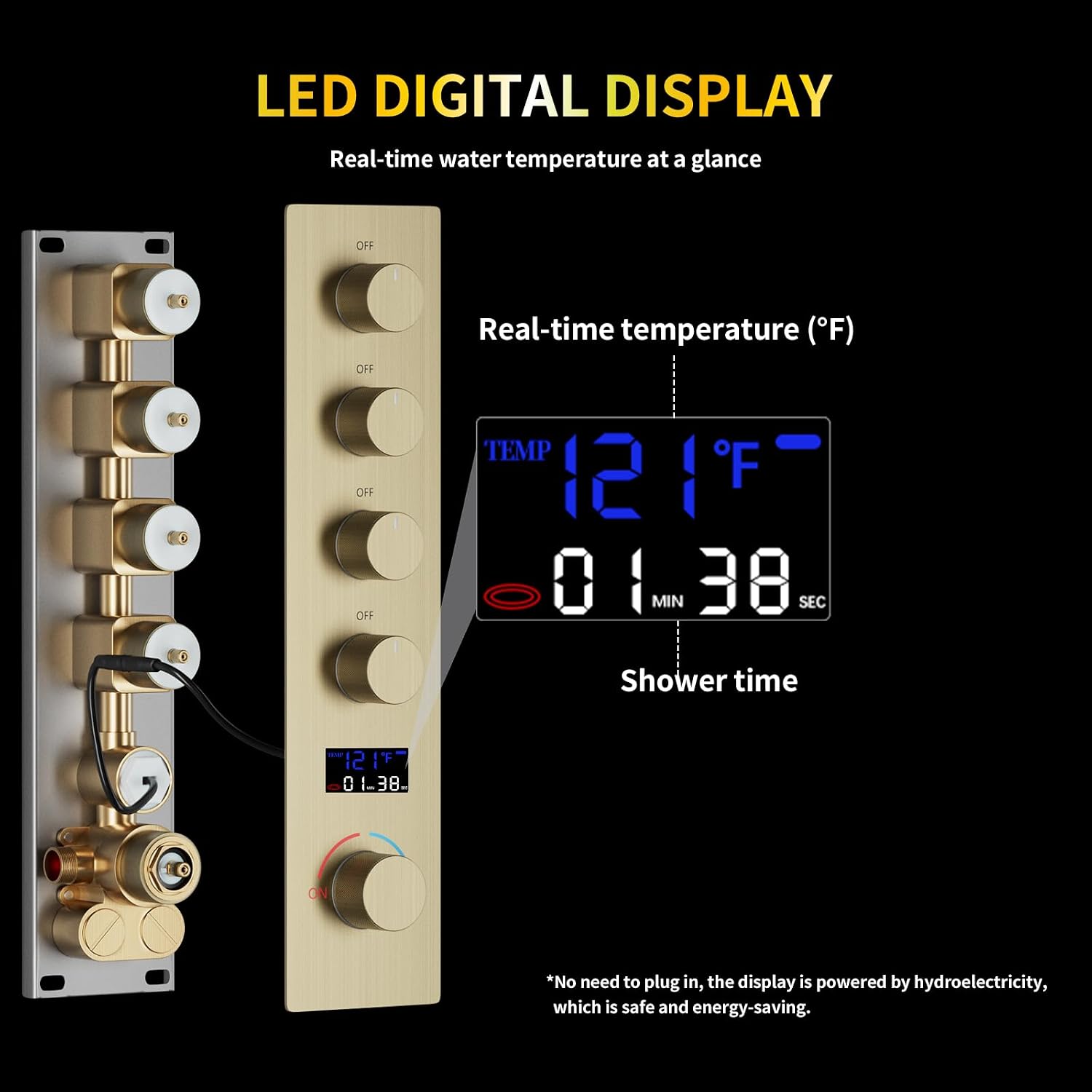 AYIVG Brushed Gold Thermostatic Shower System 16X24 inch Rainfall And Waterfall Shower Set Ceiling Full Body Shower System with Handheld Spray and Digital Display Pressure Balance Valve