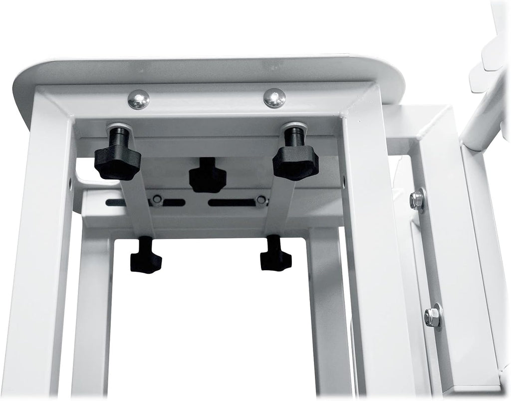Rockville RTP33-TV Pro White Totem Stand 220 lbs DJ Speaker/Lighting/TV Mount, Detachable TV Mount, Adjustable 39-69 inch Height, Black/White Scrims, for DJs and Event Planners