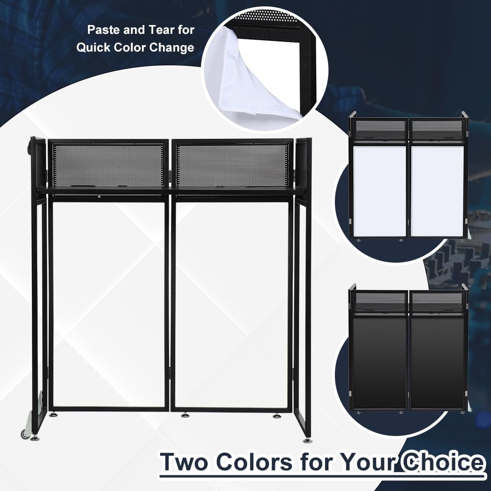 Kokorona Portable DJ Booth DJ Facade Booth Folding DJ Table with Wheels, Movable DJ Booth Facade DJ Booth Stand DJ Table with Lights, Tool-Free Assemble, Metal Frame + Black & White Scrims + Carry Bag