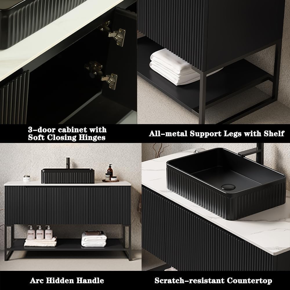 48' Bathroom Vanity with Vessel Sink & 3 Soft-Closing Doors & Open Shelf, Freestanding Bathroom Cabinet with Ceramic Basin and Carrara White Sintered Stone Counter Top-Colmar, Black